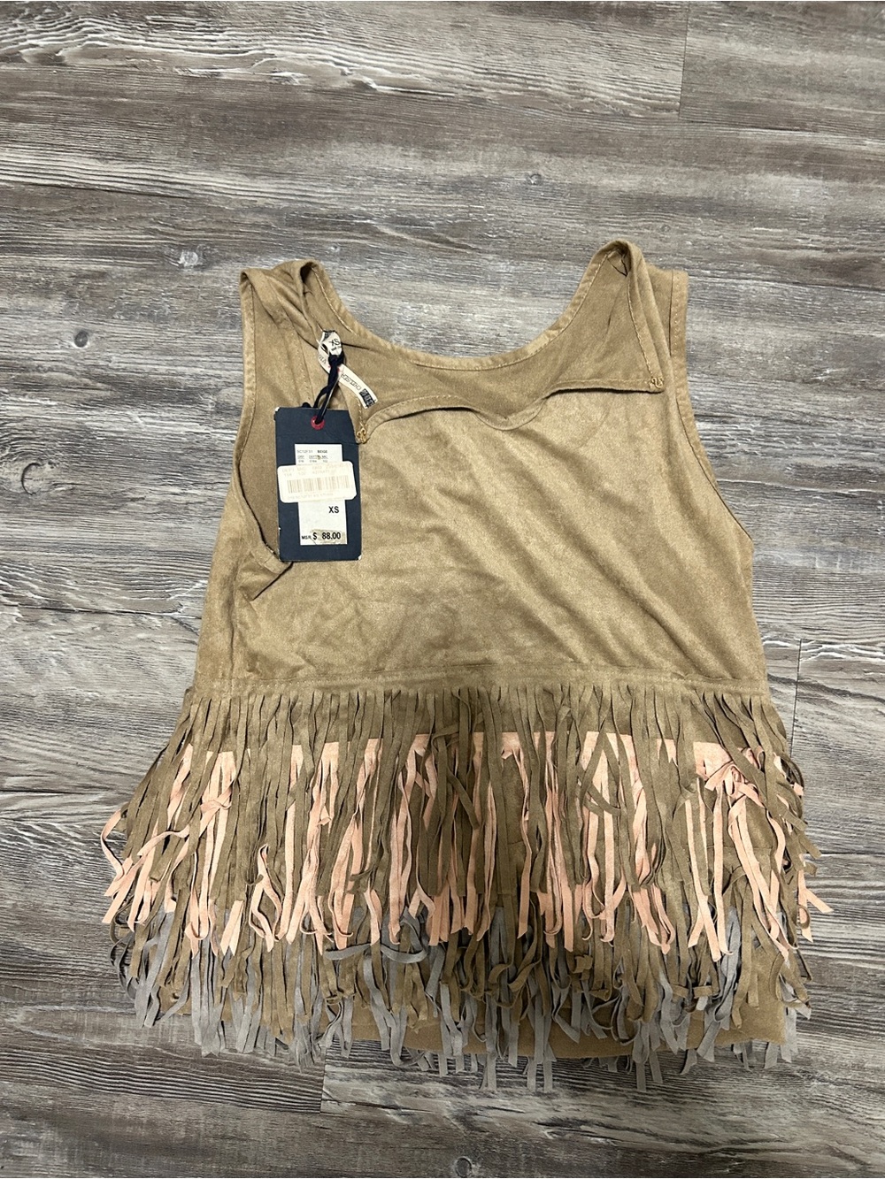 Chelsea28 Tan Faux-Suede Fringe Tank with Blush & Light Gray Trim